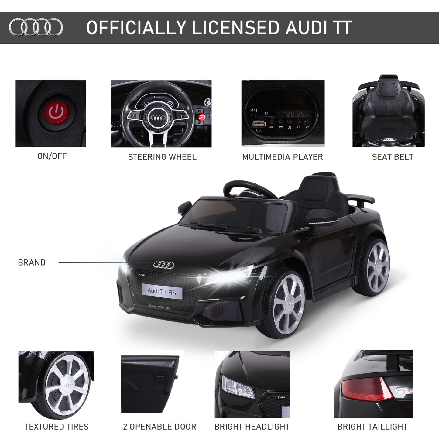 Audi TT 12V Rechargeable Battery Ride On Car w/ Remote Forward Reverse Lights Horn MP3 Player Red w/ Seat Belt Audi TT