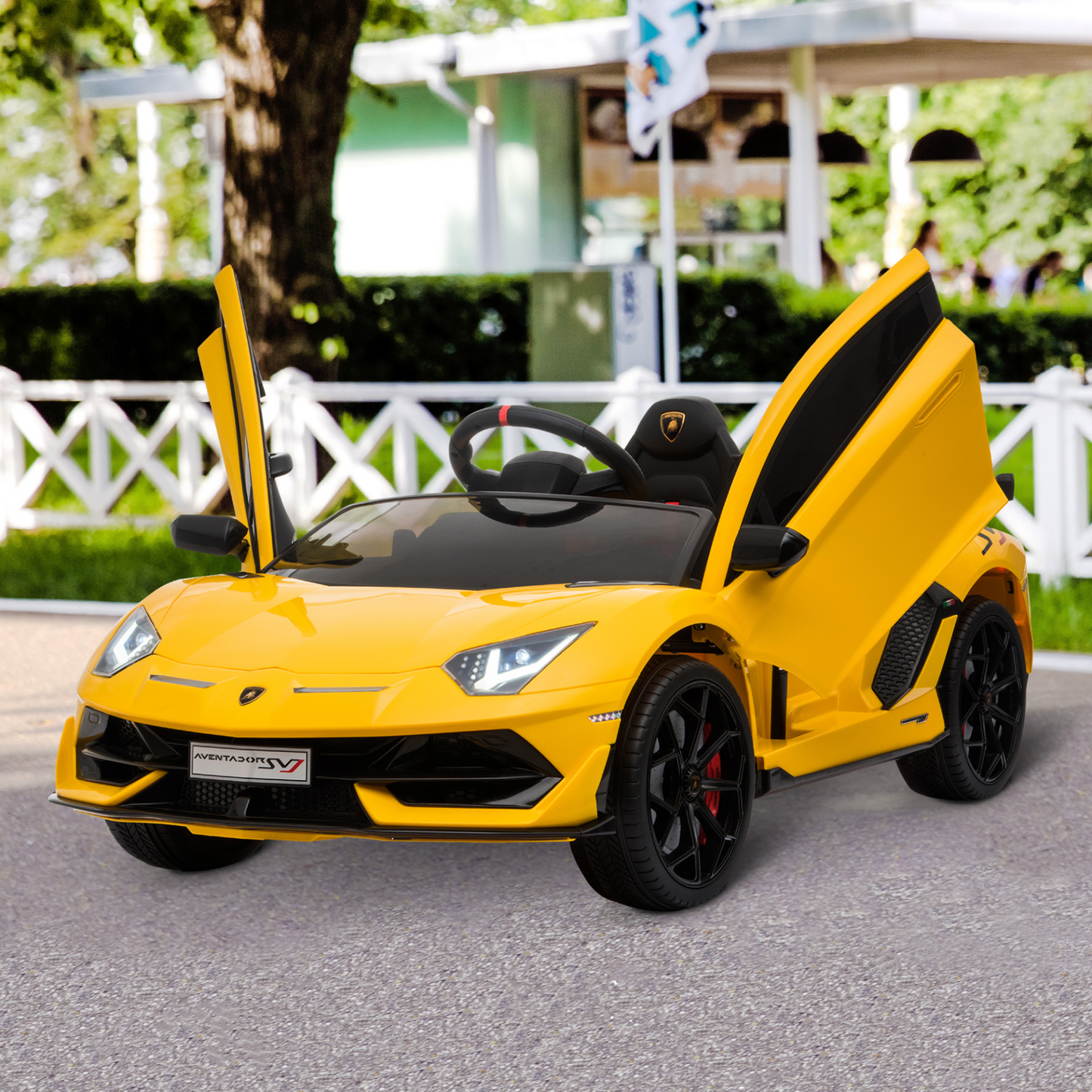 Lamborghini SVJ 12V Battery-powered 2 Motors Kids Electric Ride On Car Lamborghini Aventador Racing Car Toy with Parental Remote Control Music Lights Suspension Wheels for 3-8 Years Old Yellow