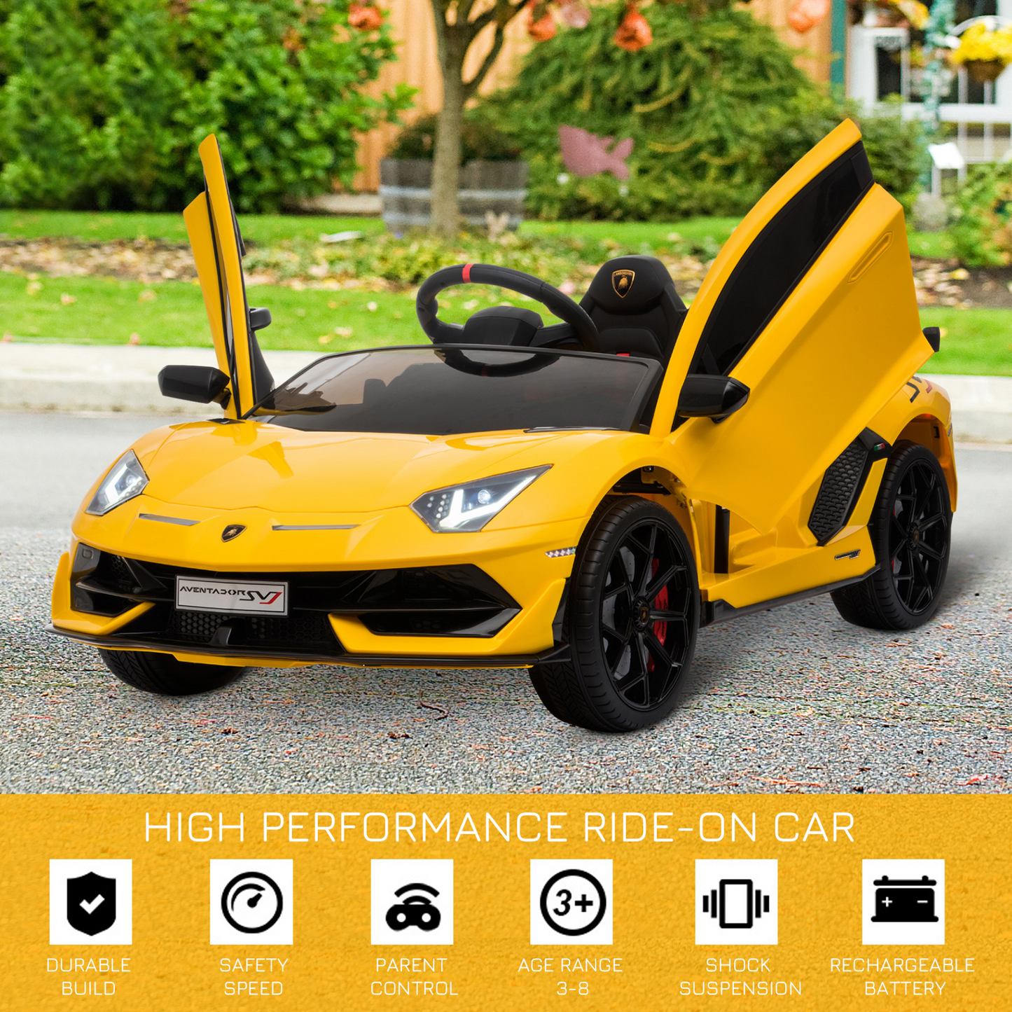 Lamborghini SVJ 12V Battery-powered 2 Motors Kids Electric Ride On Car Lamborghini Aventador Racing Car Toy with Parental Remote Control Music Lights Suspension Wheels for 3-8 Years Old Yellow