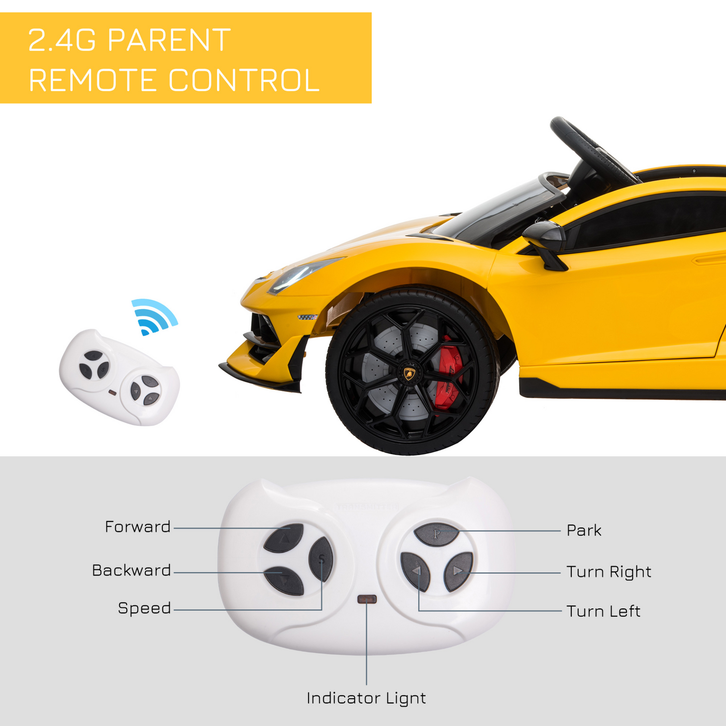 Lamborghini SVJ 12V Battery-powered 2 Motors Kids Electric Ride On Car Lamborghini Aventador Racing Car Toy with Parental Remote Control Music Lights Suspension Wheels for 3-8 Years Old Yellow