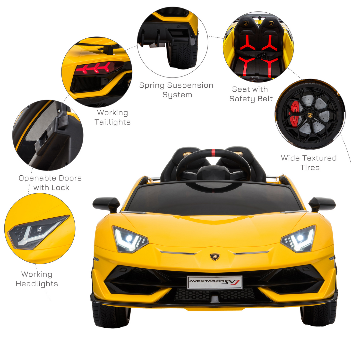 Lamborghini SVJ 12V Battery-powered 2 Motors Kids Electric Ride On Car Lamborghini Aventador Racing Car Toy with Parental Remote Control Music Lights Suspension Wheels for 3-8 Years Old Yellow