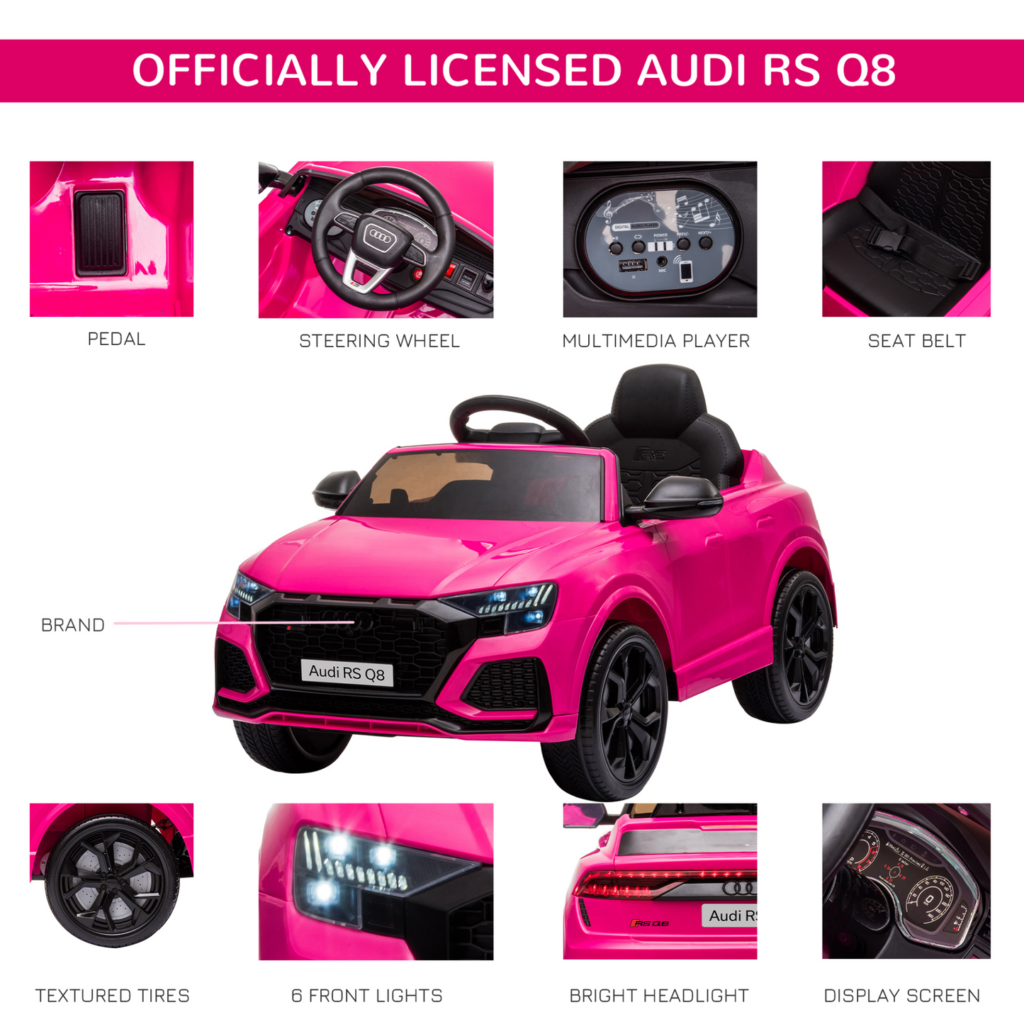 Audi RS Q8 6V Kids Electric Ride On Car RS Q8 Licensed Toy Car with Remote Control Music Lights USB MP3 Bluetooth for 3-5 Years Old Pink