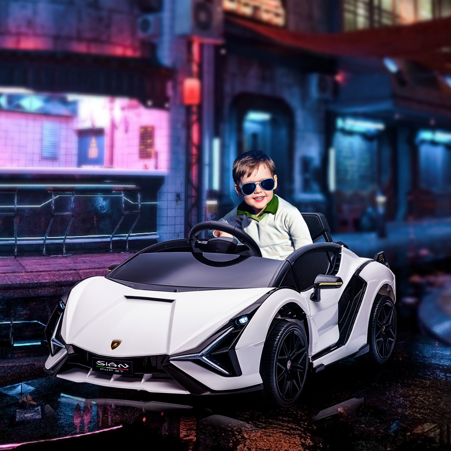 Lamborghini Sian 12V Kids Electric Ride On Car 2 Motors Licensed Toy Car with Remote Control Music Lights MP3 for 3-5 Years White