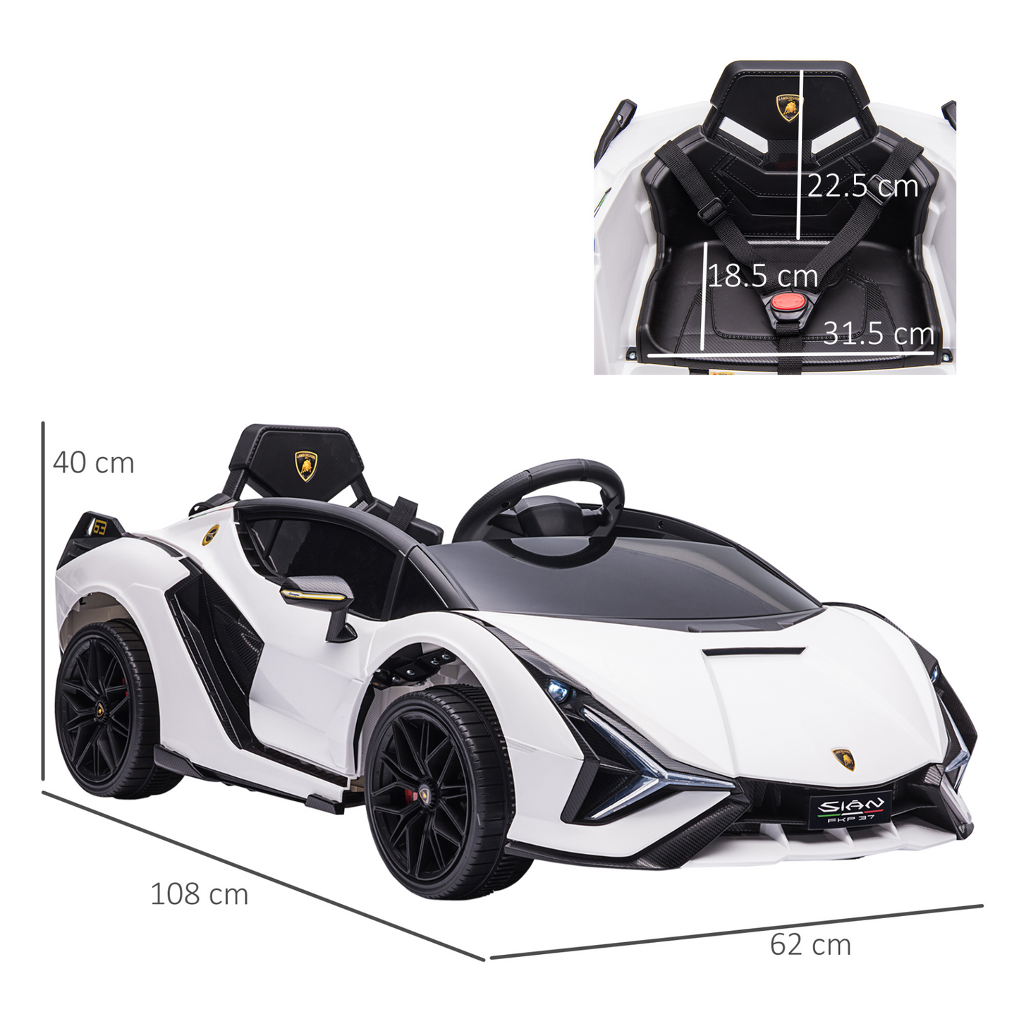 Lamborghini Sian 12V Kids Electric Ride On Car 2 Motors Licensed Toy Car with Remote Control Music Lights MP3 for 3-5 Years White