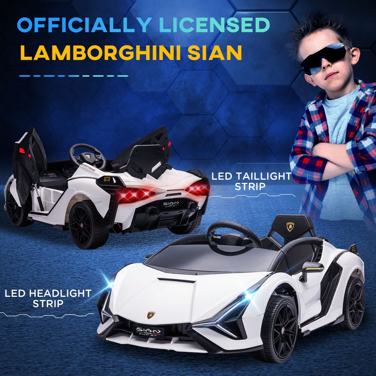 Lamborghini Sian 12V Kids Electric Ride On Car 2 Motors Licensed Toy Car with Remote Control Music Lights MP3 for 3-5 Years White