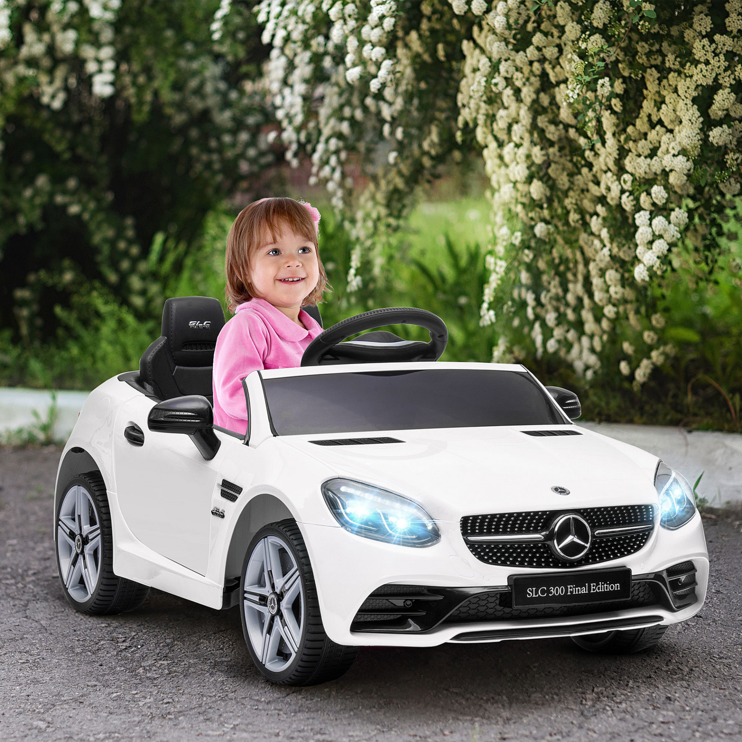 Mercedes Benz SLC 300 Licensed 12V Kids Electric Ride On Car with Parental Remote Two Motors Music Lights Suspension Wheels for 3-6 Years White