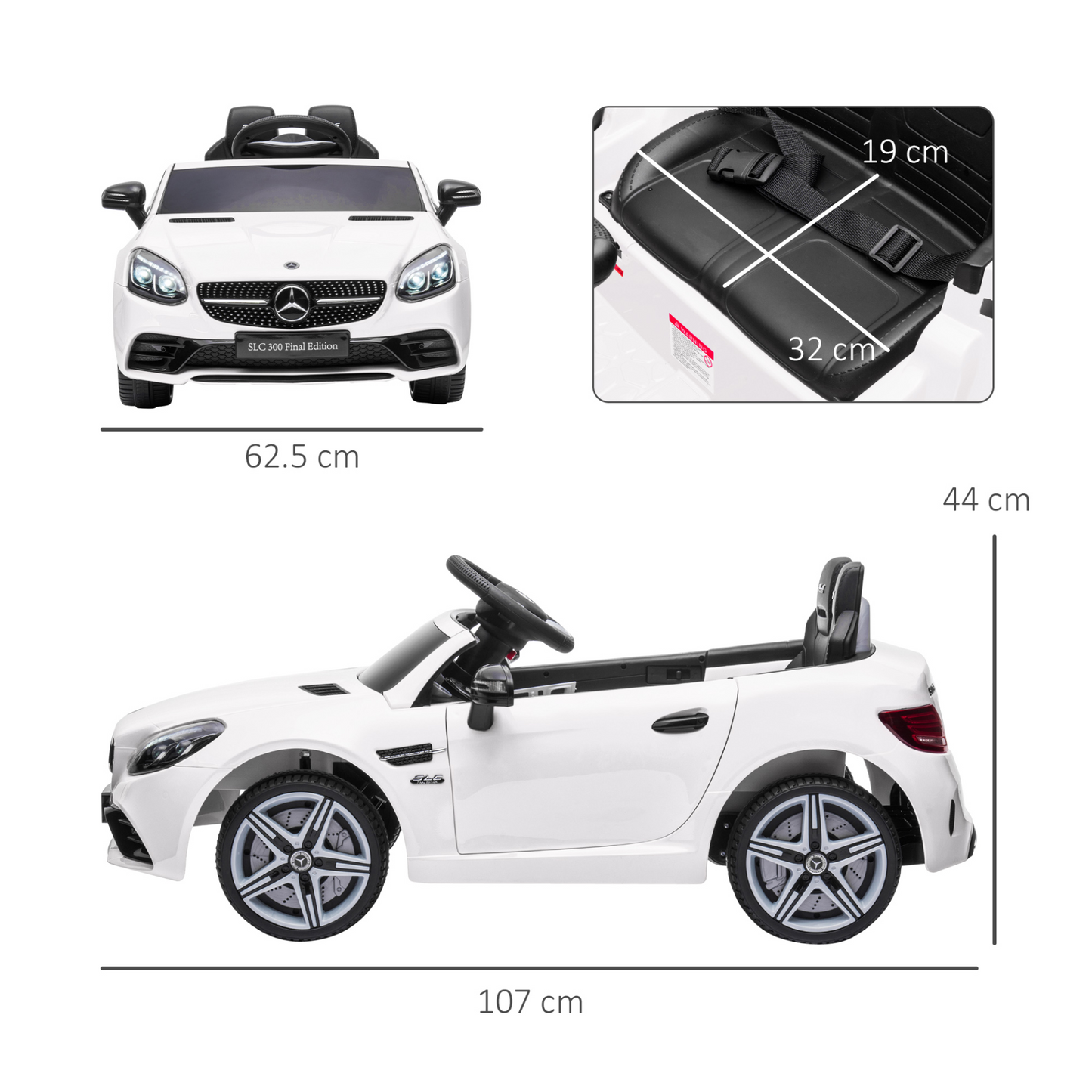 Mercedes Benz SLC 300 Licensed 12V Kids Electric Ride On Car with Parental Remote Two Motors Music Lights Suspension Wheels for 3-6 Years White