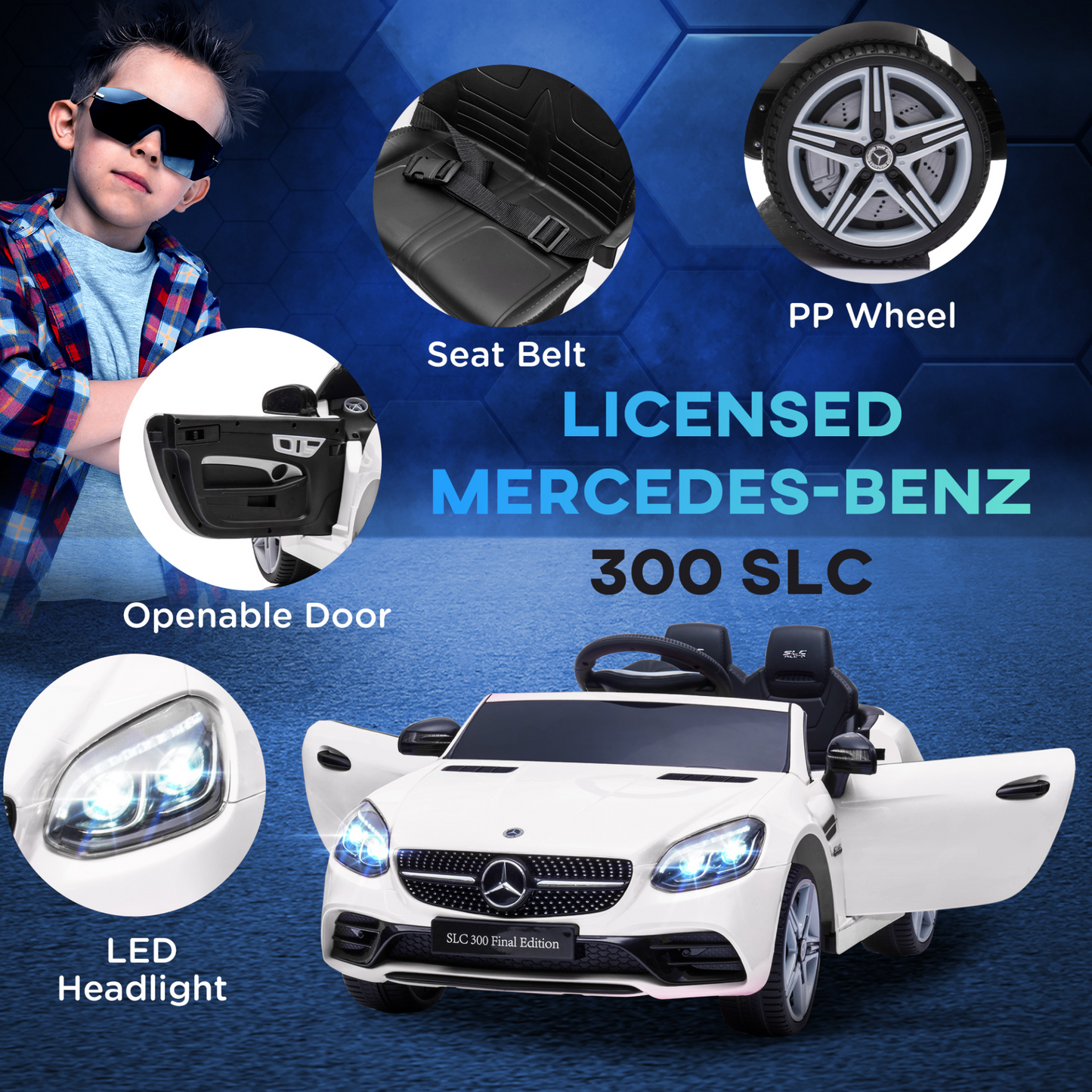 Mercedes Benz SLC 300 Licensed 12V Kids Electric Ride On Car with Parental Remote Two Motors Music Lights Suspension Wheels for 3-6 Years White