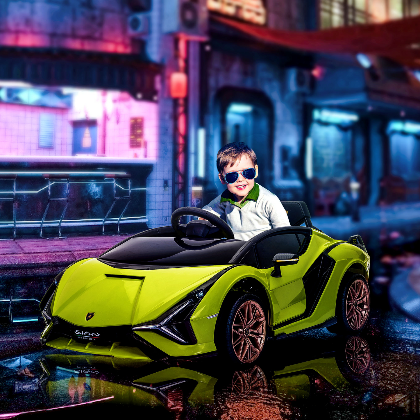 Lamborghini Sian 12V Kids Electric Ride On Car 2 Motors Licensed Toy Car with Remote Control Music Lights MP3 for 3-5 Years Green