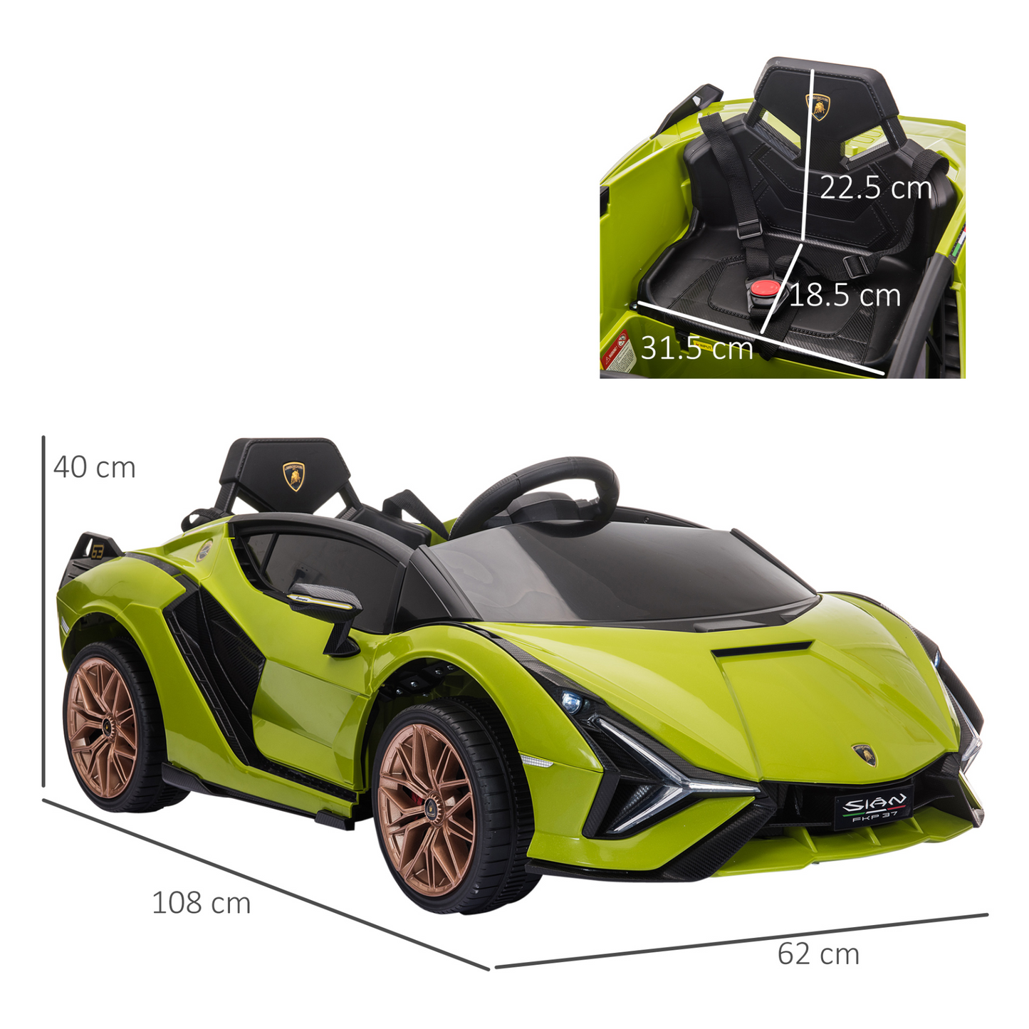 Lamborghini Sian 12V Kids Electric Ride On Car 2 Motors Licensed Toy Car with Remote Control Music Lights MP3 for 3-5 Years Green