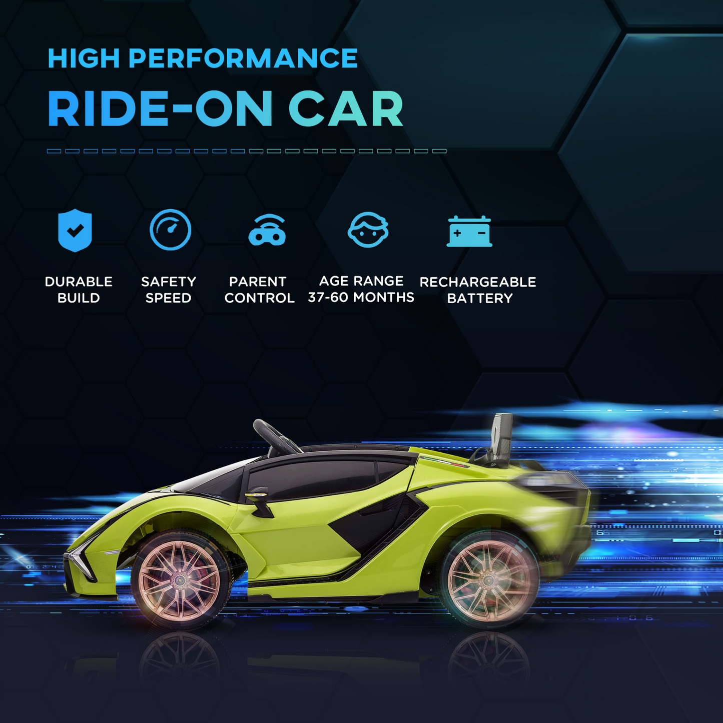 Lamborghini Sian 12V Kids Electric Ride On Car 2 Motors Licensed Toy Car with Remote Control Music Lights MP3 for 3-5 Years Green