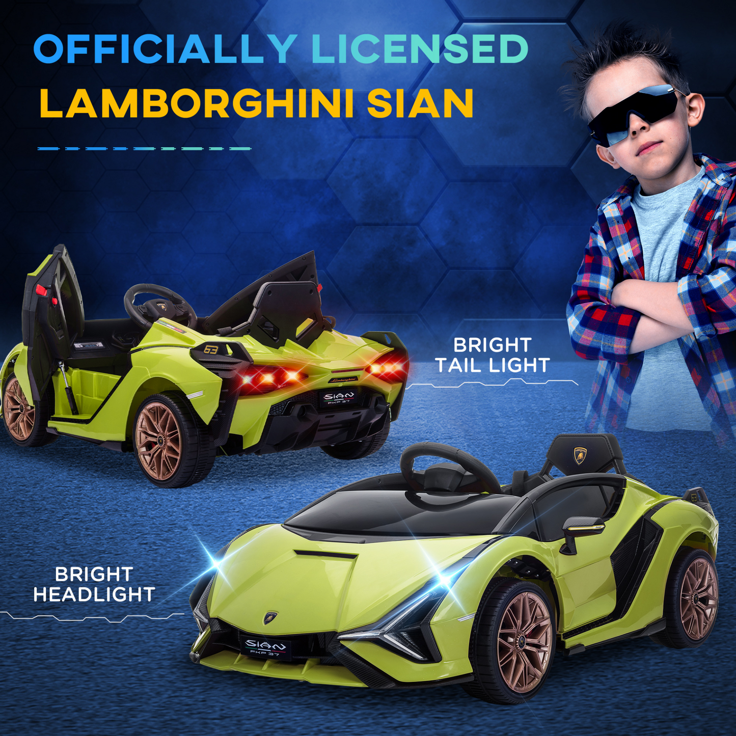 Lamborghini Sian 12V Kids Electric Ride On Car 2 Motors Licensed Toy Car with Remote Control Music Lights MP3 for 3-5 Years Green