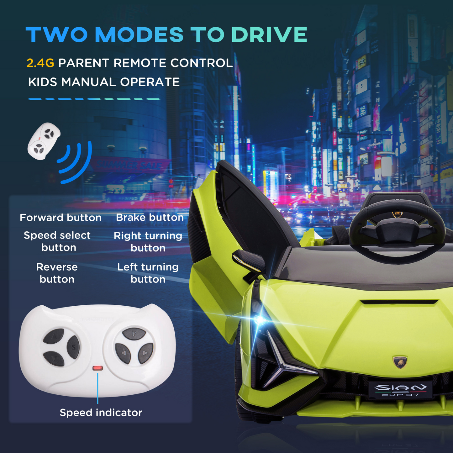 Lamborghini Sian 12V Kids Electric Ride On Car 2 Motors Licensed Toy Car with Remote Control Music Lights MP3 for 3-5 Years Green