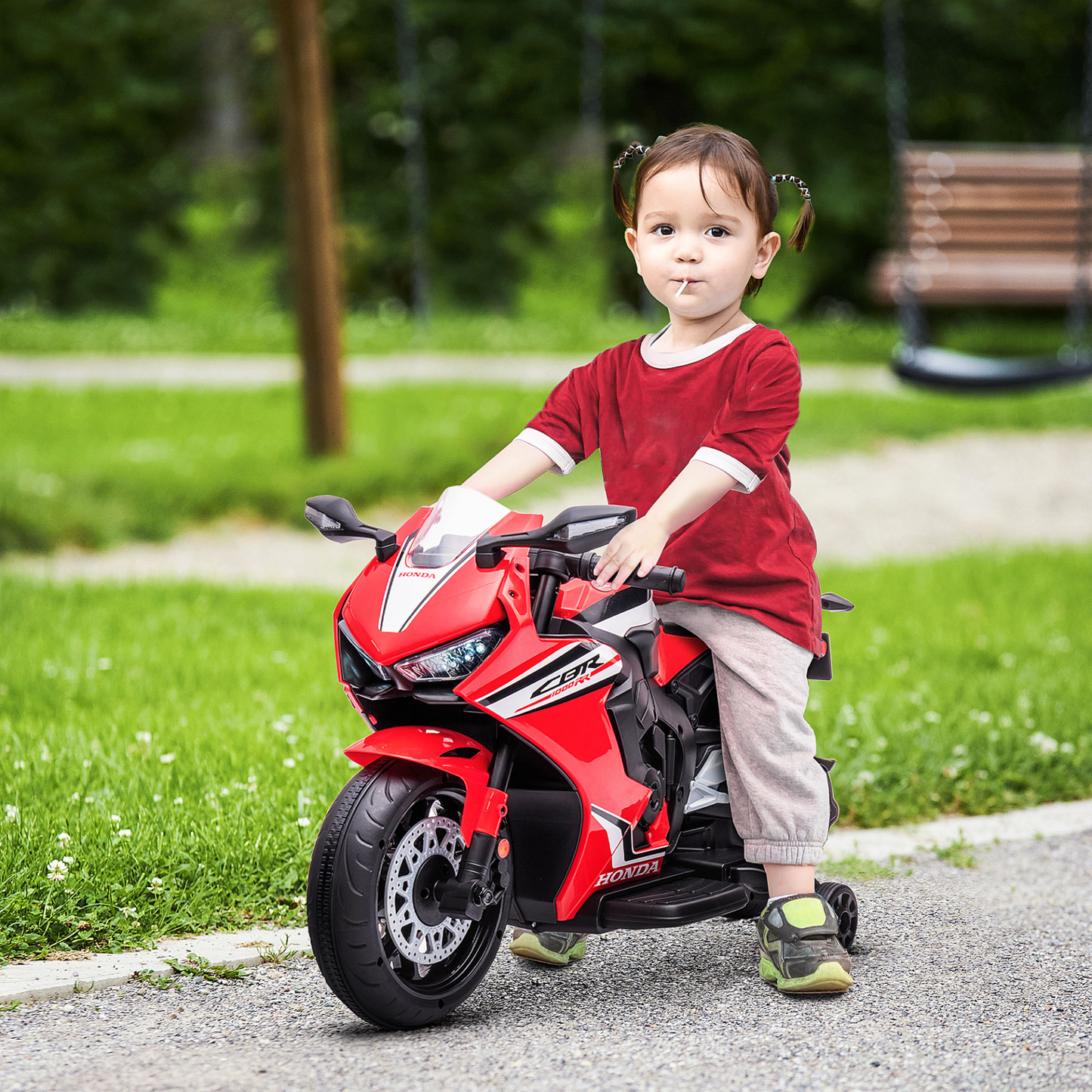 Licensed Honda 6V Kids Electric Motorbike Ride On Motorcycle Vehicle w/ Headlights, Music, Training Wheels, for Ages 3-5 Years Red