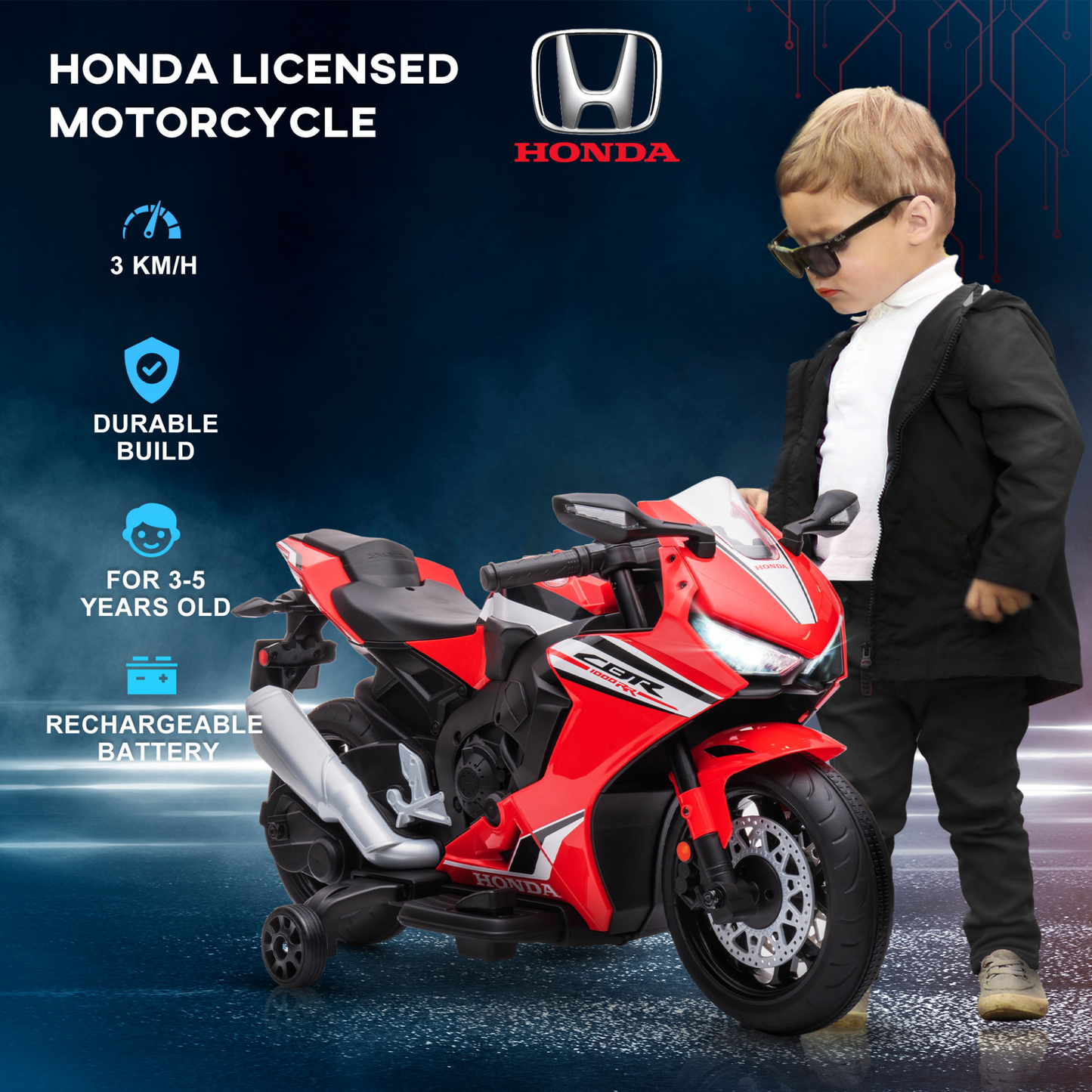 Licensed Honda 6V Kids Electric Motorbike Ride On Motorcycle Vehicle w/ Headlights, Music, Training Wheels, for Ages 3-5 Years Red