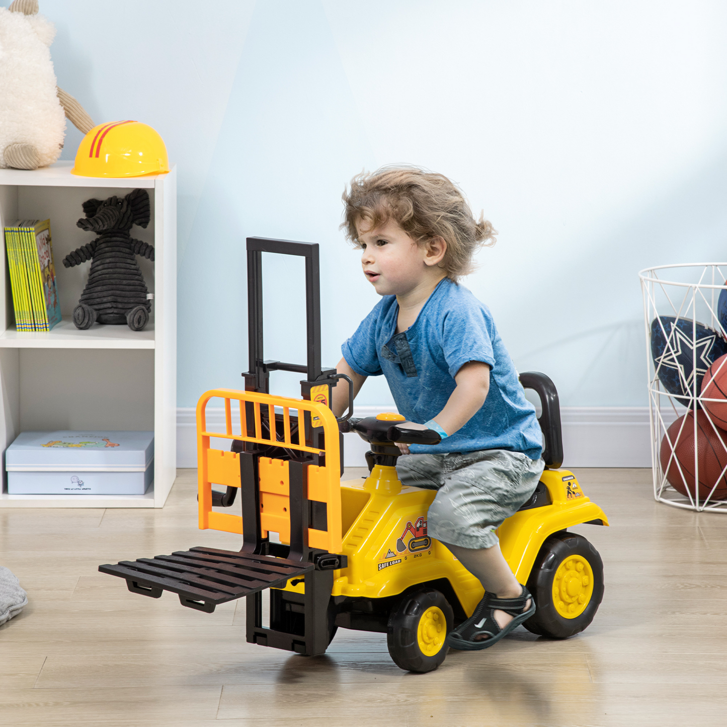 Kids Ride on Forklift Truck w/ Fork and Tray, Ride-On Tractor w/ Under Seat Storage, Treaded Wheels, No Power Design