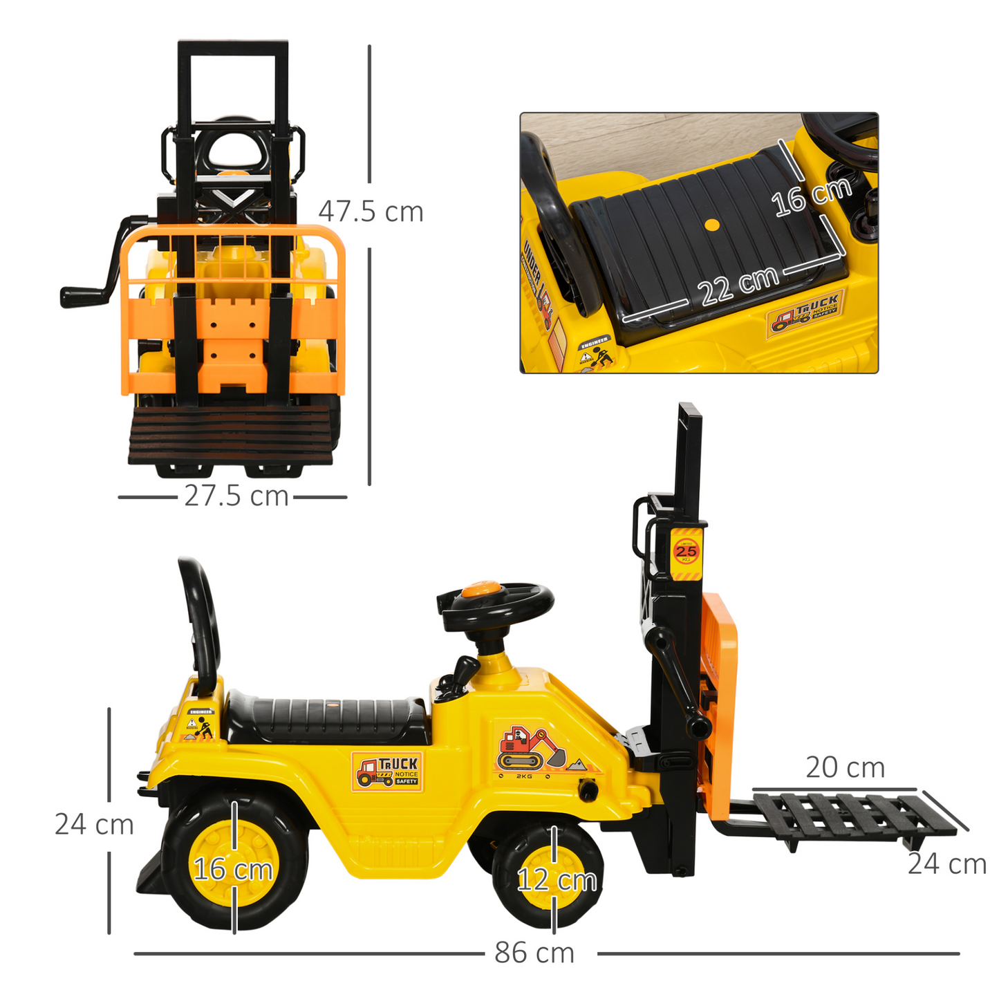 Kids Ride on Forklift Truck w/ Fork and Tray, Ride-On Tractor w/ Under Seat Storage, Treaded Wheels, No Power Design