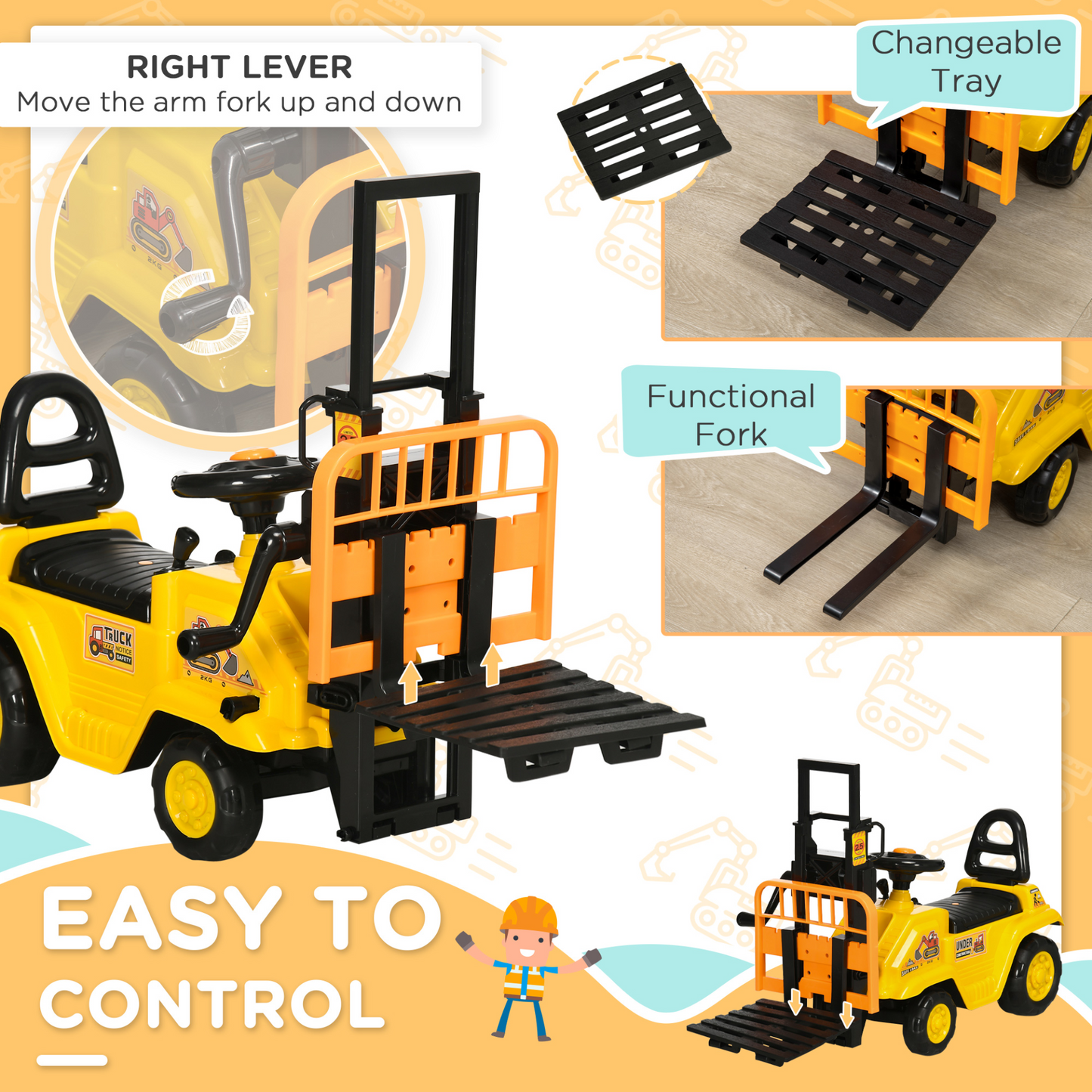 Kids Ride on Forklift Truck w/ Fork and Tray, Ride-On Tractor w/ Under Seat Storage, Treaded Wheels, No Power Design