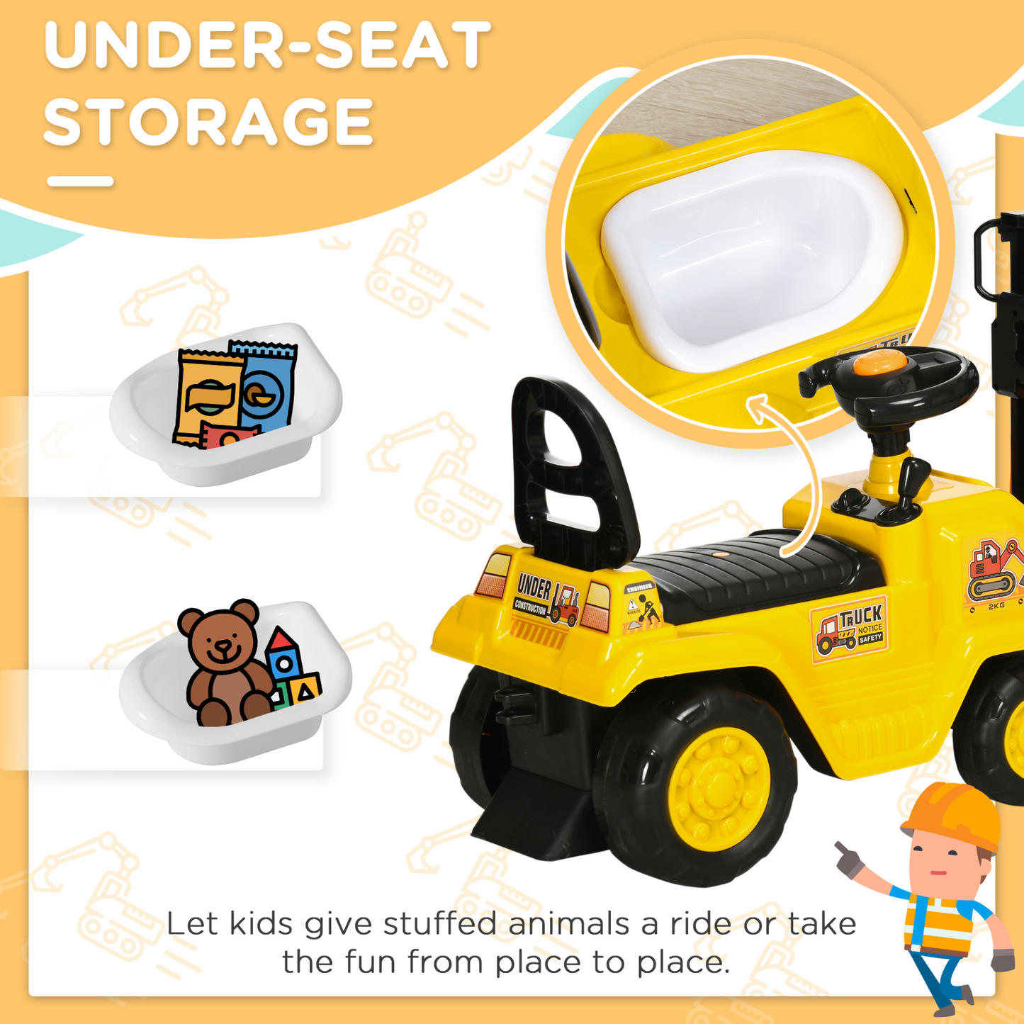 Kids Ride on Forklift Truck w/ Fork and Tray, Ride-On Tractor w/ Under Seat Storage, Treaded Wheels, No Power Design