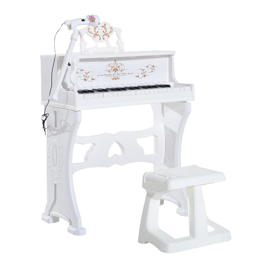 37 Keys Kids Piano Mini Electronic Keyboard Light Kids Musical Instrument Educational Game Children Grand Piano Toy Set w/Stool & Microphone & Music Stand (White)