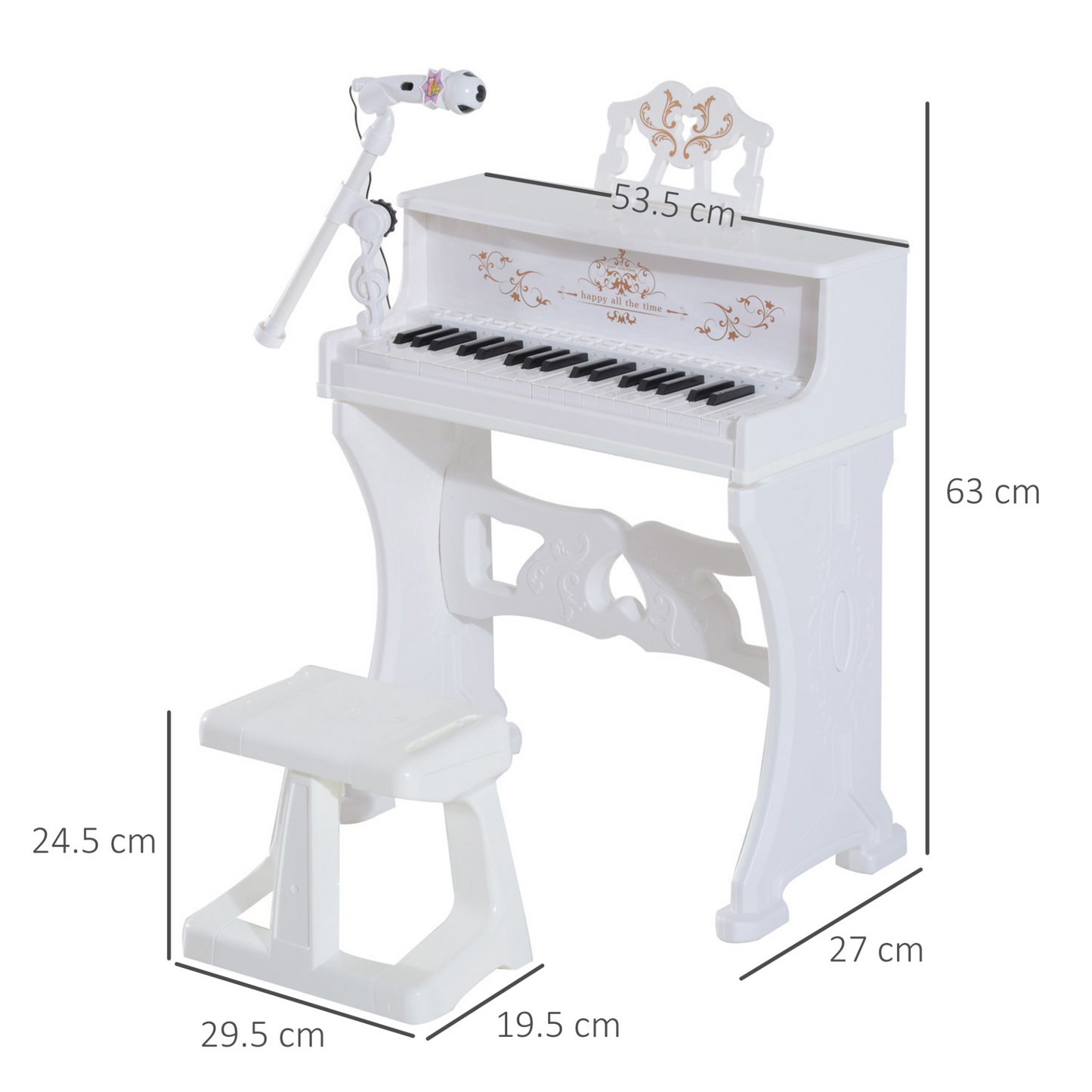 37 Keys Kids Piano Mini Electronic Keyboard Light Kids Musical Instrument Educational Game Children Grand Piano Toy Set w/Stool & Microphone & Music Stand (White)