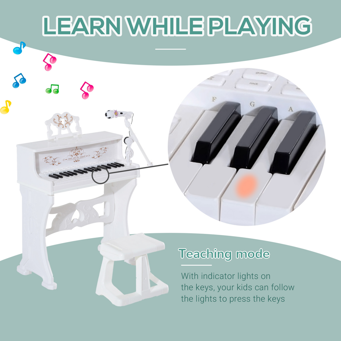 37 Keys Kids Piano Mini Electronic Keyboard Light Kids Musical Instrument Educational Game Children Grand Piano Toy Set w/Stool & Microphone & Music Stand (White)