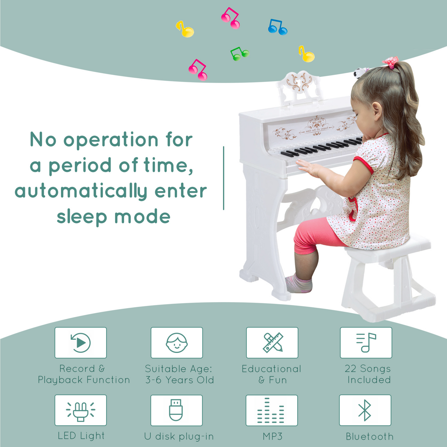 37 Keys Kids Piano Mini Electronic Keyboard Light Kids Musical Instrument Educational Game Children Grand Piano Toy Set w/Stool & Microphone & Music Stand (White)