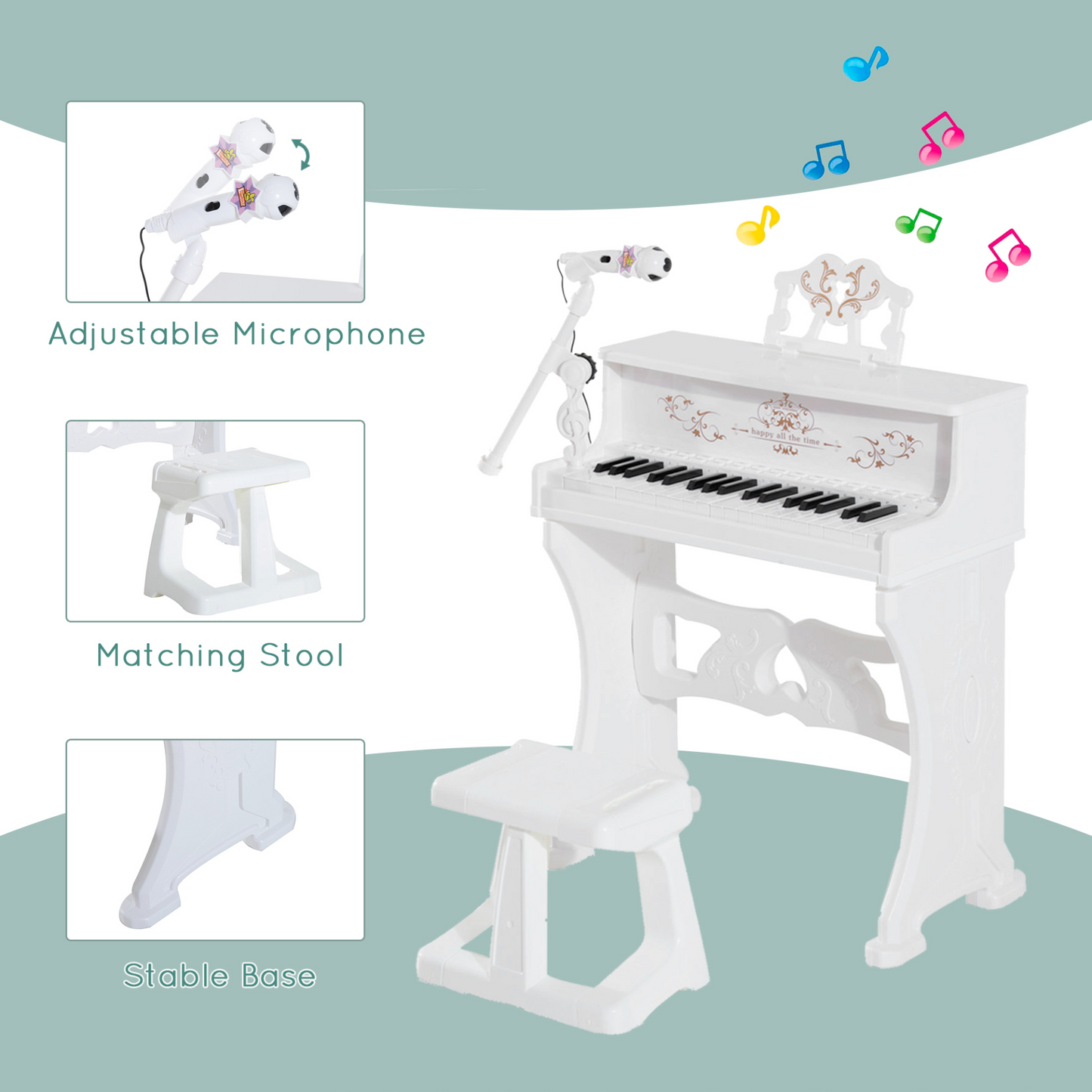 37 Keys Kids Piano Mini Electronic Keyboard Light Kids Musical Instrument Educational Game Children Grand Piano Toy Set w/Stool & Microphone & Music Stand (White)