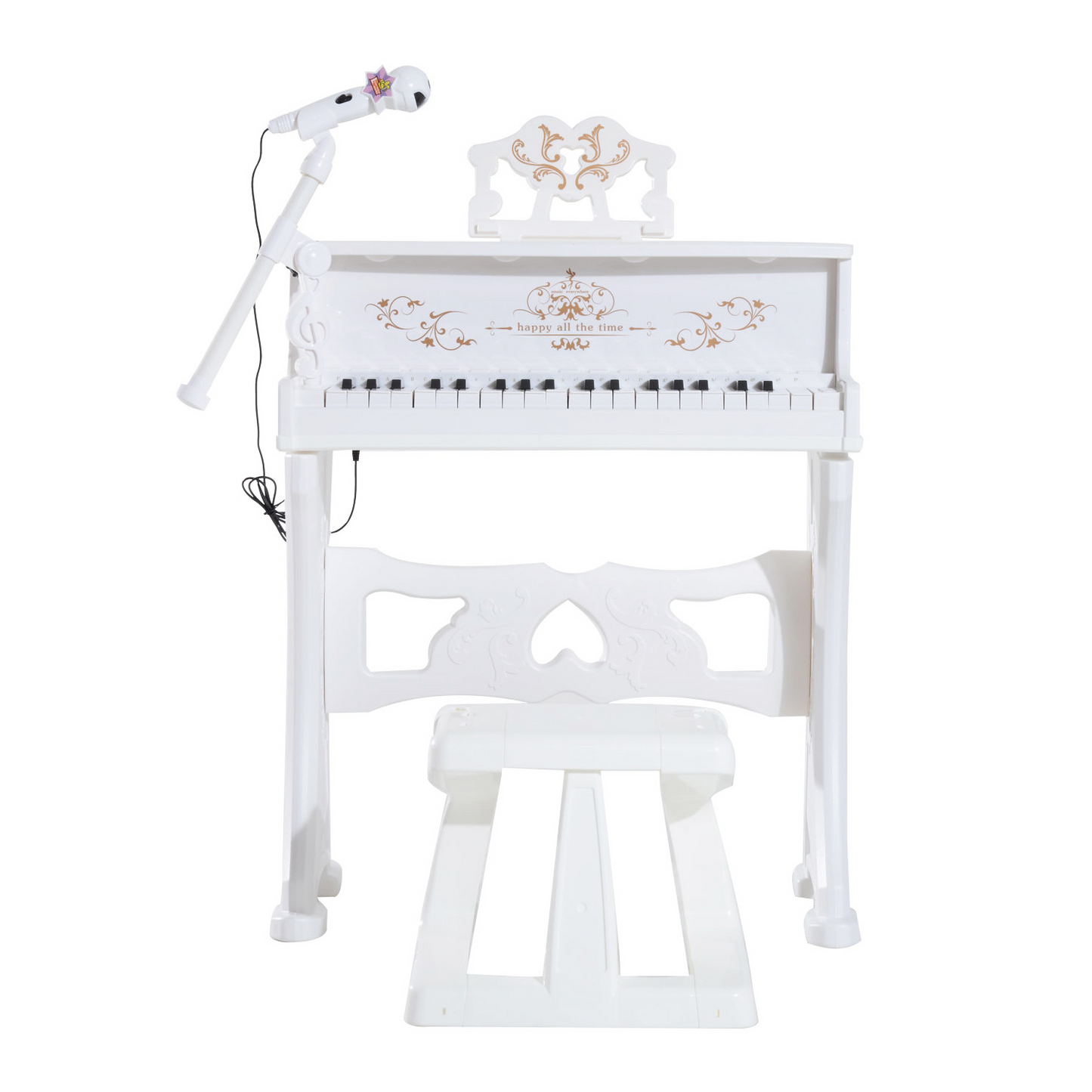 37 Keys Kids Piano Mini Electronic Keyboard Light Kids Musical Instrument Educational Game Children Grand Piano Toy Set w/Stool & Microphone & Music Stand (White)