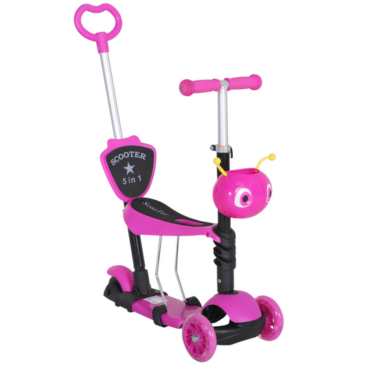 5-in-1 Kids Toddler 3 Wheels Mini Kick Scooter Push Walker with Removable Seat & Back Rest for Girls and Boys Pink