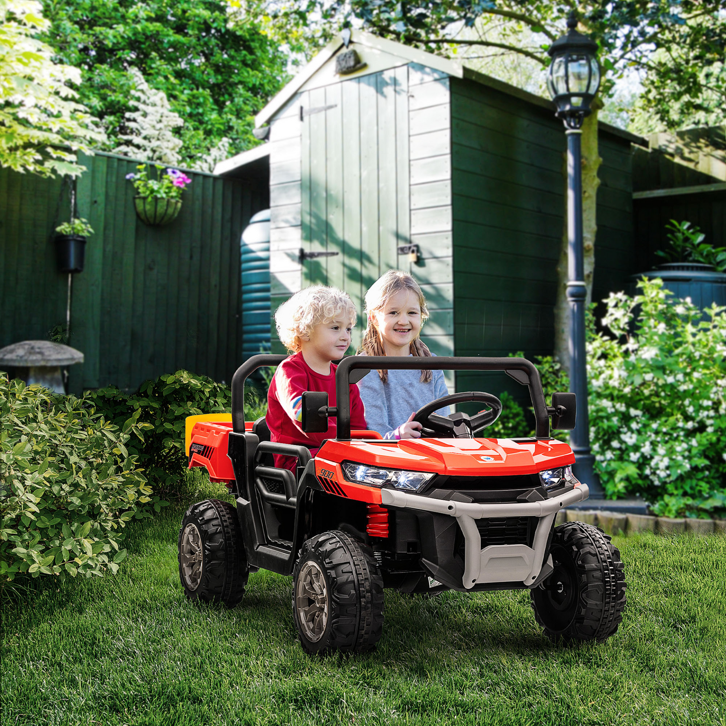 Two-Seater Kids Ride-On Car with Electric Bucket, 12V Battery-Powered Electric UTV with Shovel, Parental Remote, Spring Suspension, Working Horn, Music - Red