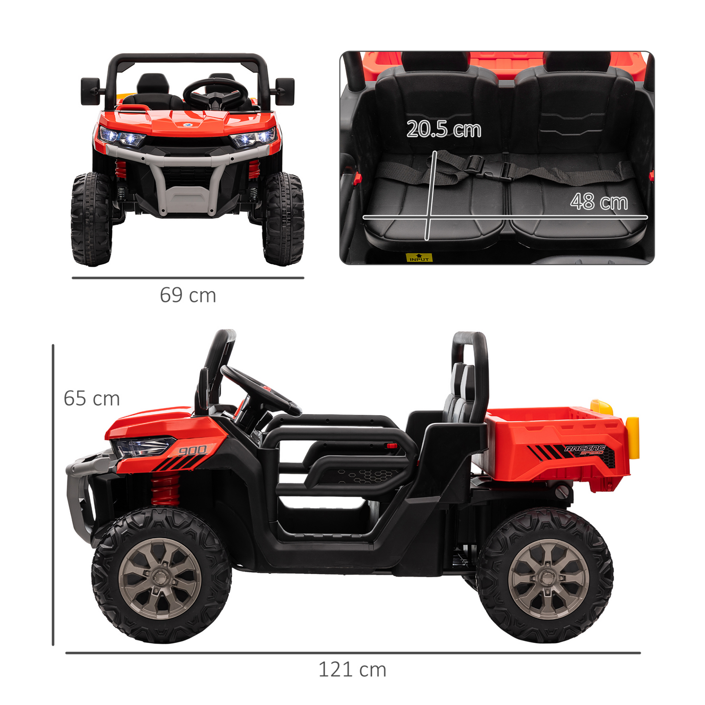 Two-Seater Kids Ride-On Car with Electric Bucket, 12V Battery-Powered Electric UTV with Shovel, Parental Remote, Spring Suspension, Working Horn, Music - Red