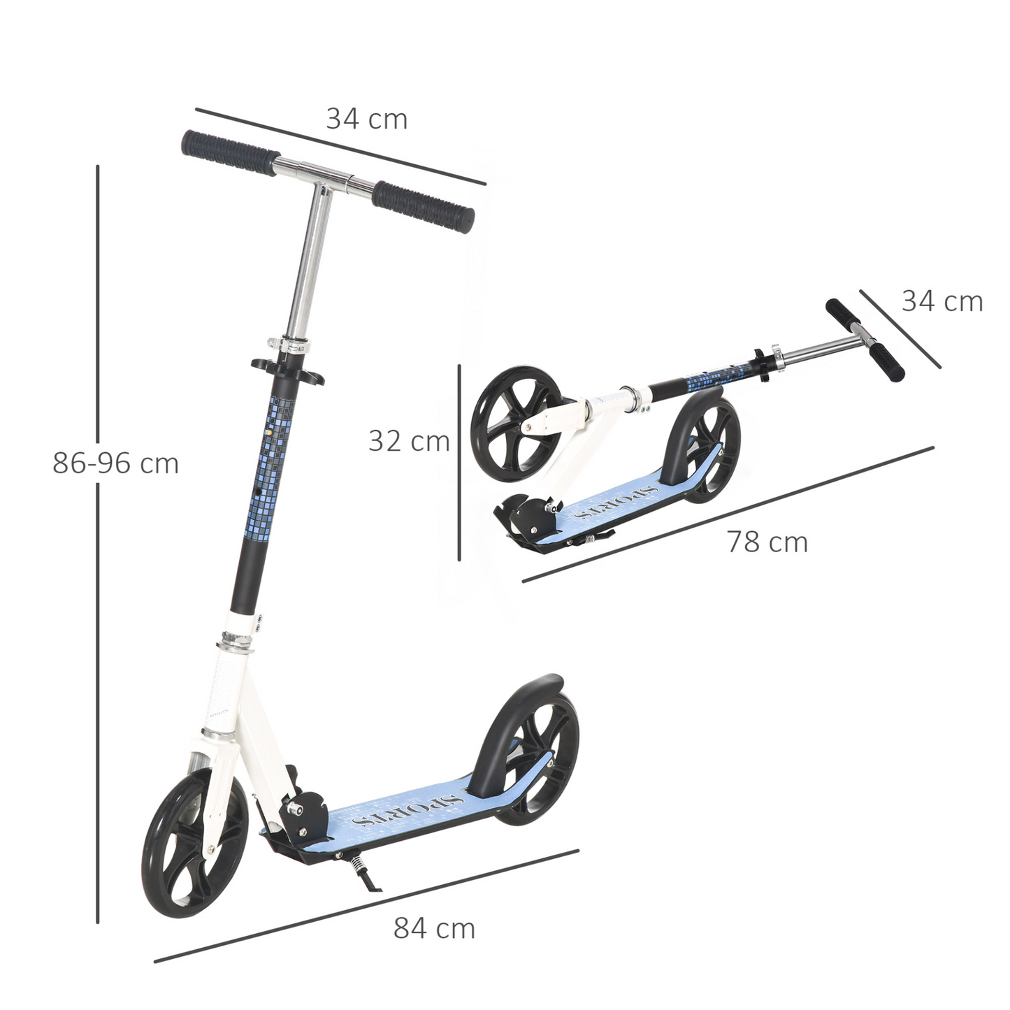 2 Wheel Kids Stunt Kick Scooter Foldable Teens Commuter Aluminium Frame Adjustable Handles - White Blue