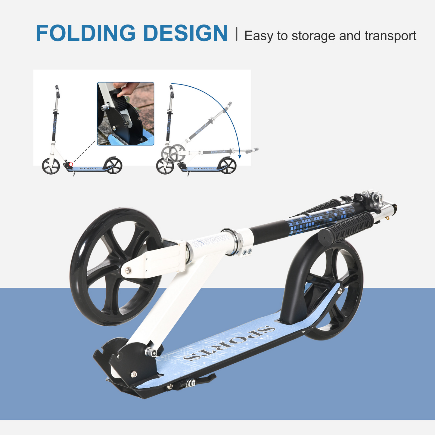 2 Wheel Kids Stunt Kick Scooter Foldable Teens Commuter Aluminium Frame Adjustable Handles - White Blue