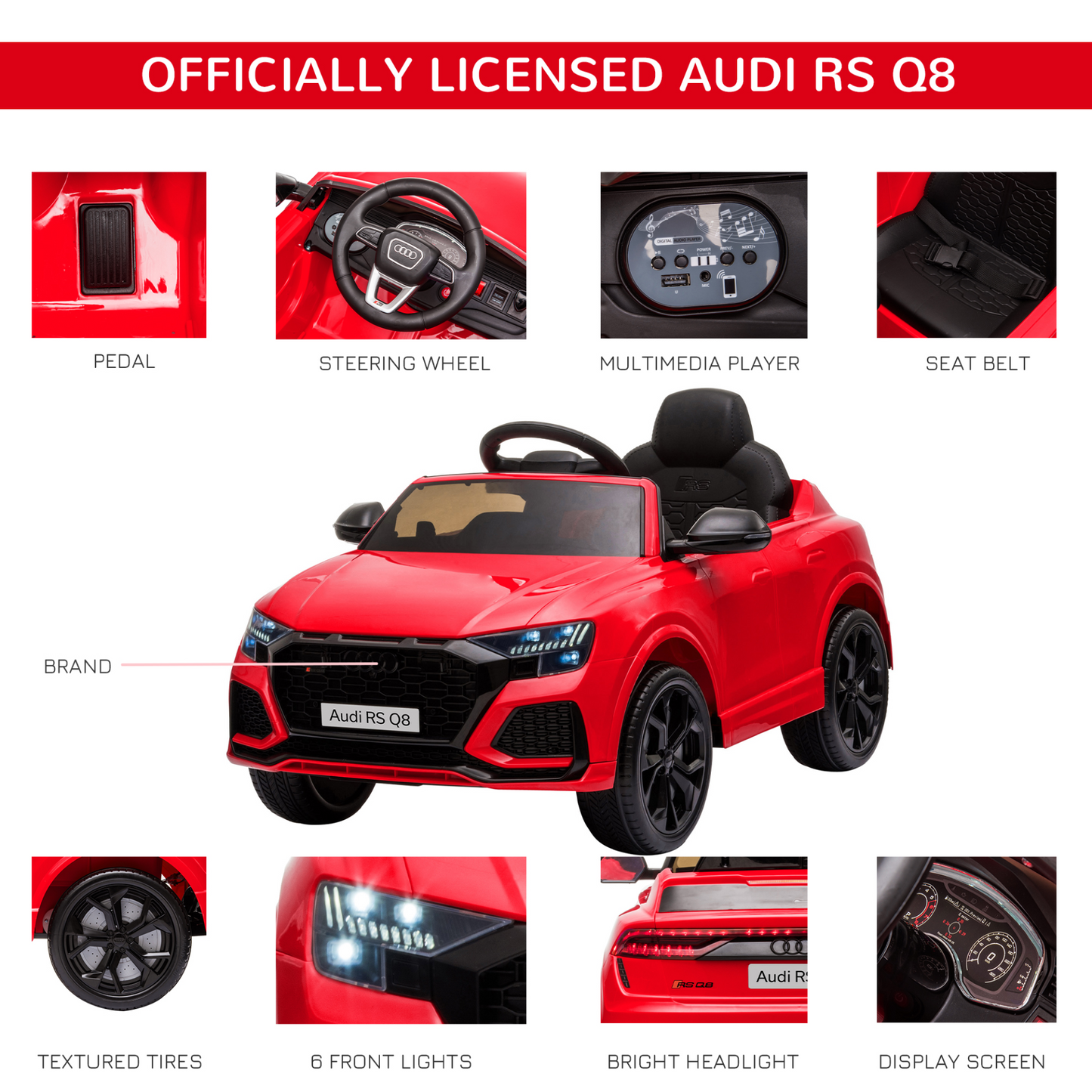 Audi RS Q8 6V Kids Electric Ride On Car RS Q8 Licensed Toy Car with Remote Control Music Lights USB MP3 Bluetooth for 3-5 Years Old Red