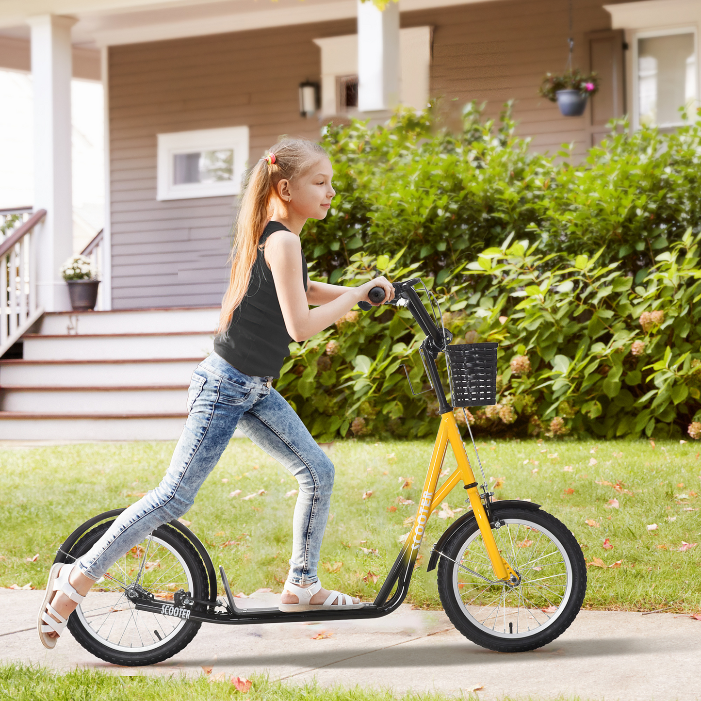 Kids Scooter Teen Ride On Children Scooter with Adjustable Handlebar 2 Brakes Basket Cupholder Mudguard 16" Inflatable Rubber Tyres for 5-12 years old Orange