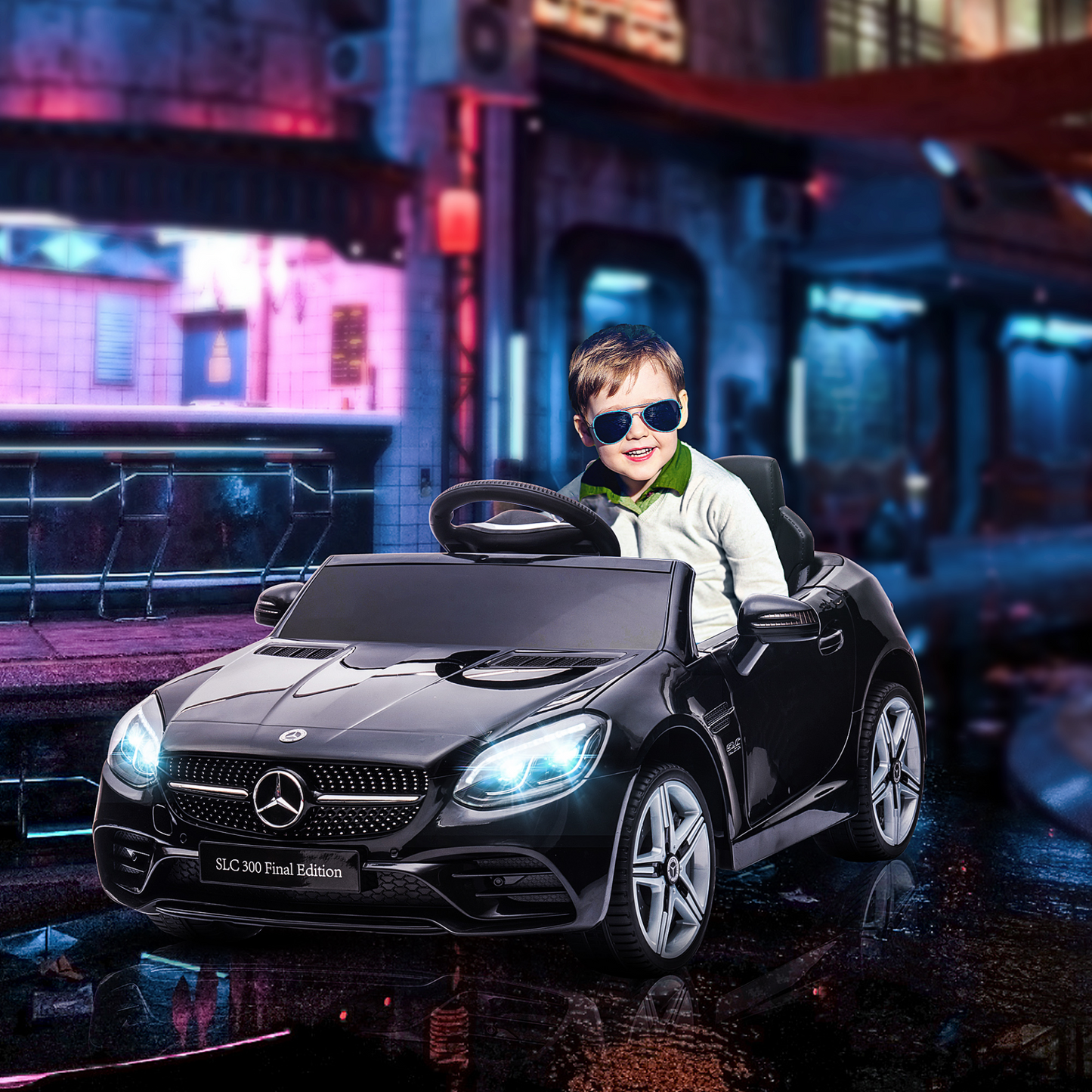 Mercedes Benz SLC 300 Licensed 12V Kids Electric Ride On Car with Parental Remote Two Motors Music Lights Suspension Wheels for 3-6 Years Black