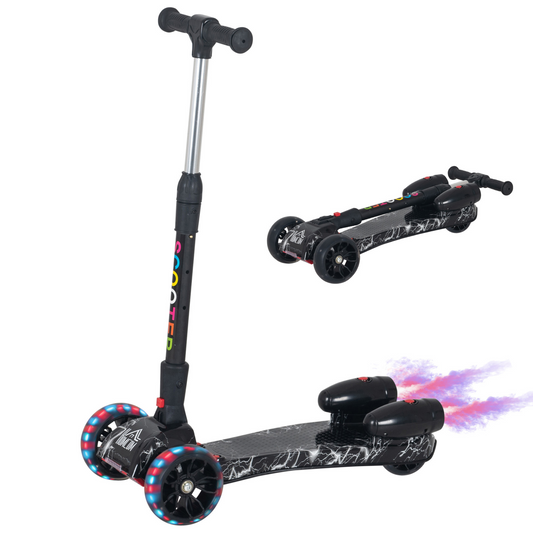 Scooter for Kids Toddler 3 Wheel Adjustable Height w/ Flashing Wheels Music Water Spray Foldable Kick Scooter for Boys and Girls 3 - 8 Yrs Black