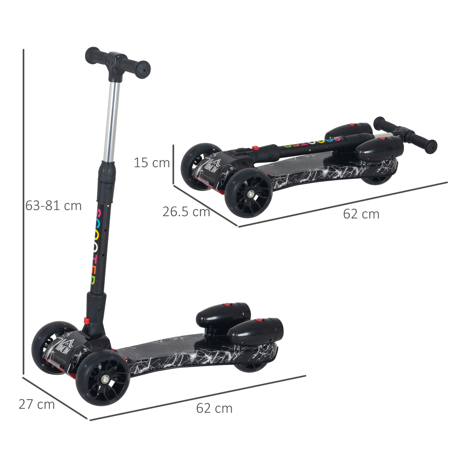 Scooter for Kids Toddler 3 Wheel Adjustable Height w/ Flashing Wheels Music Water Spray Foldable Kick Scooter for Boys and Girls 3 - 8 Yrs Black