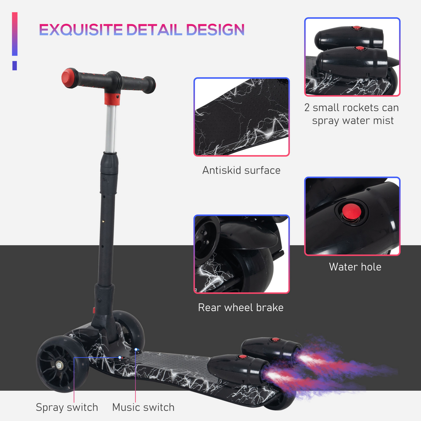 Scooter for Kids Toddler 3 Wheel Adjustable Height w/ Flashing Wheels Music Water Spray Foldable Kick Scooter for Boys and Girls 3 - 8 Yrs Black