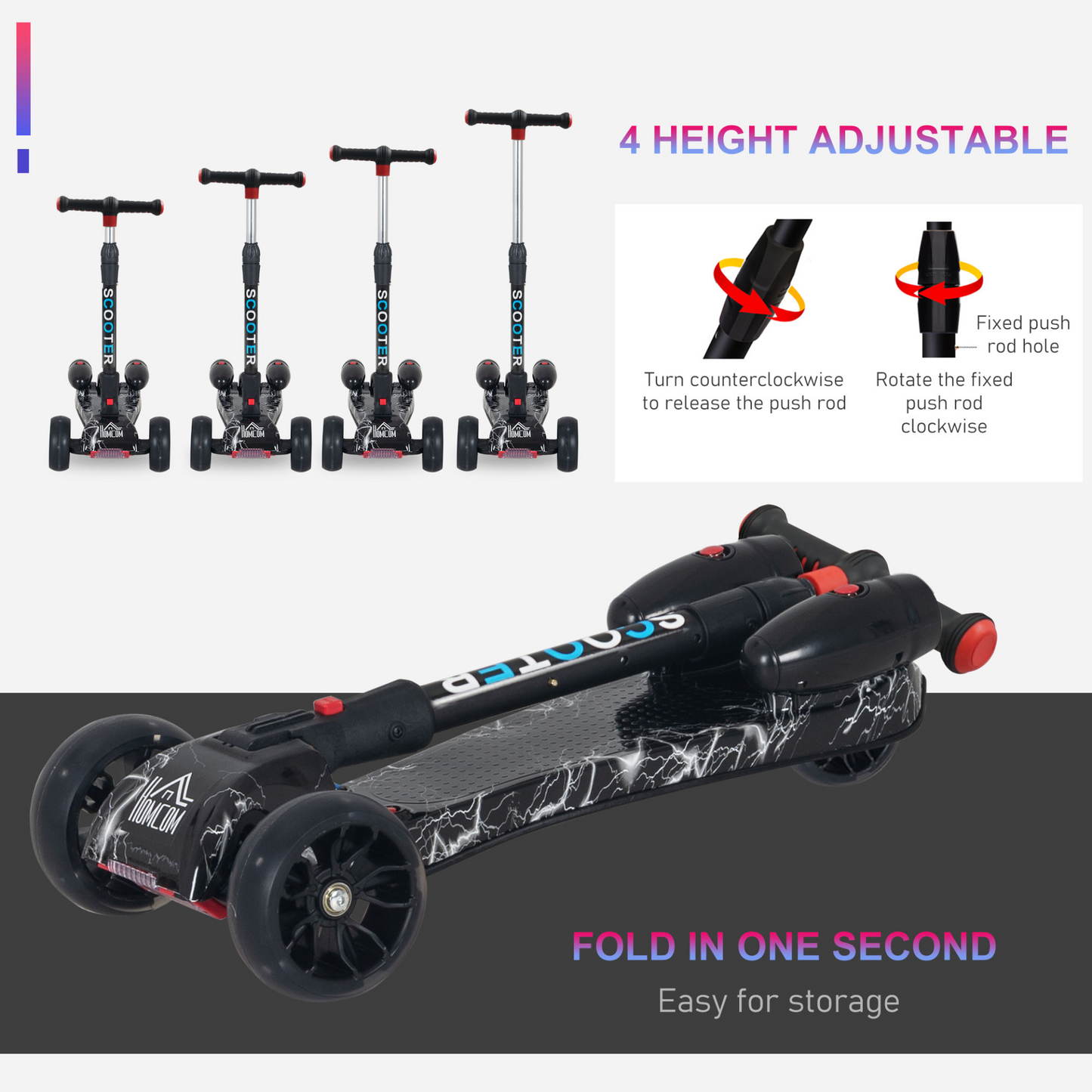 Scooter for Kids Toddler 3 Wheel Adjustable Height w/ Flashing Wheels Music Water Spray Foldable Kick Scooter for Boys and Girls 3 - 8 Yrs Black