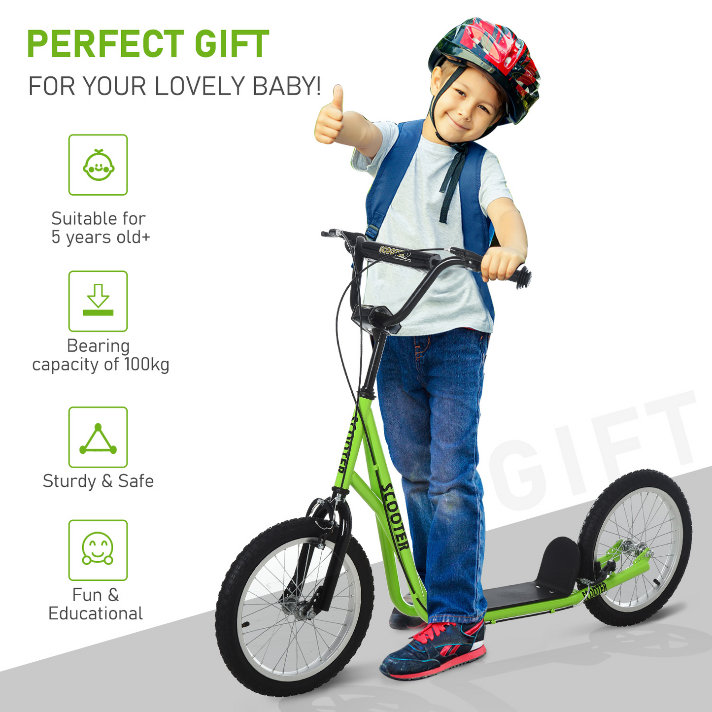 Teen Kids Stunt Scooter Children Kick Scooter Adjustable Handlebar 2 Brakes Ride On 16 Inch Rubber Tyres Green