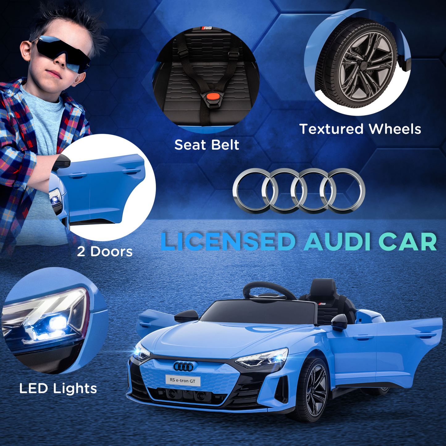 Audi RS e-tron GT Licensed Kids Electric Ride-On Car 12V Battery Powered Toy w/ Remote Control, Lights, Music, for 3-5 years, Blue