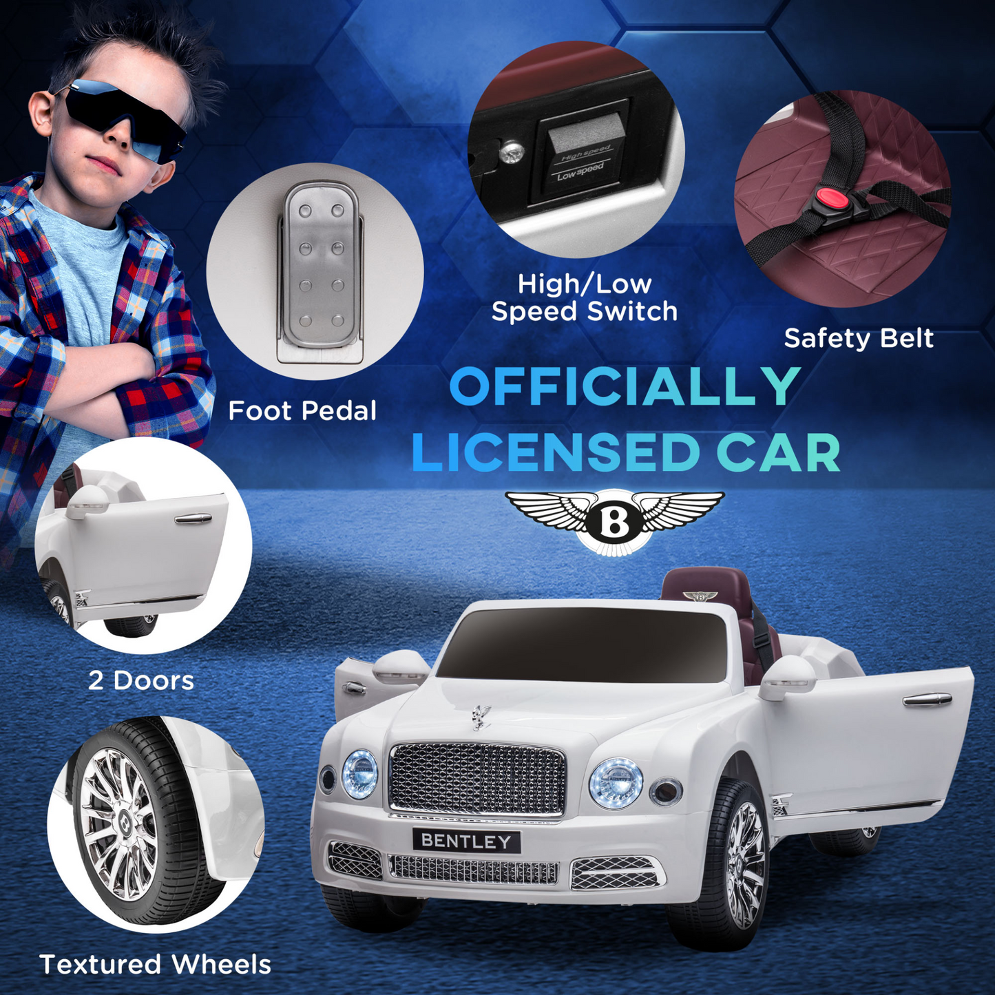 Bentley Mulsanne Licensed Kids Electric Ride-On Car 12V Powered Toy Car w/ Remote Control, Music, Horn, Lights, MP3 Slot, Suspension Wheels, for Ages 3-6 Years - White