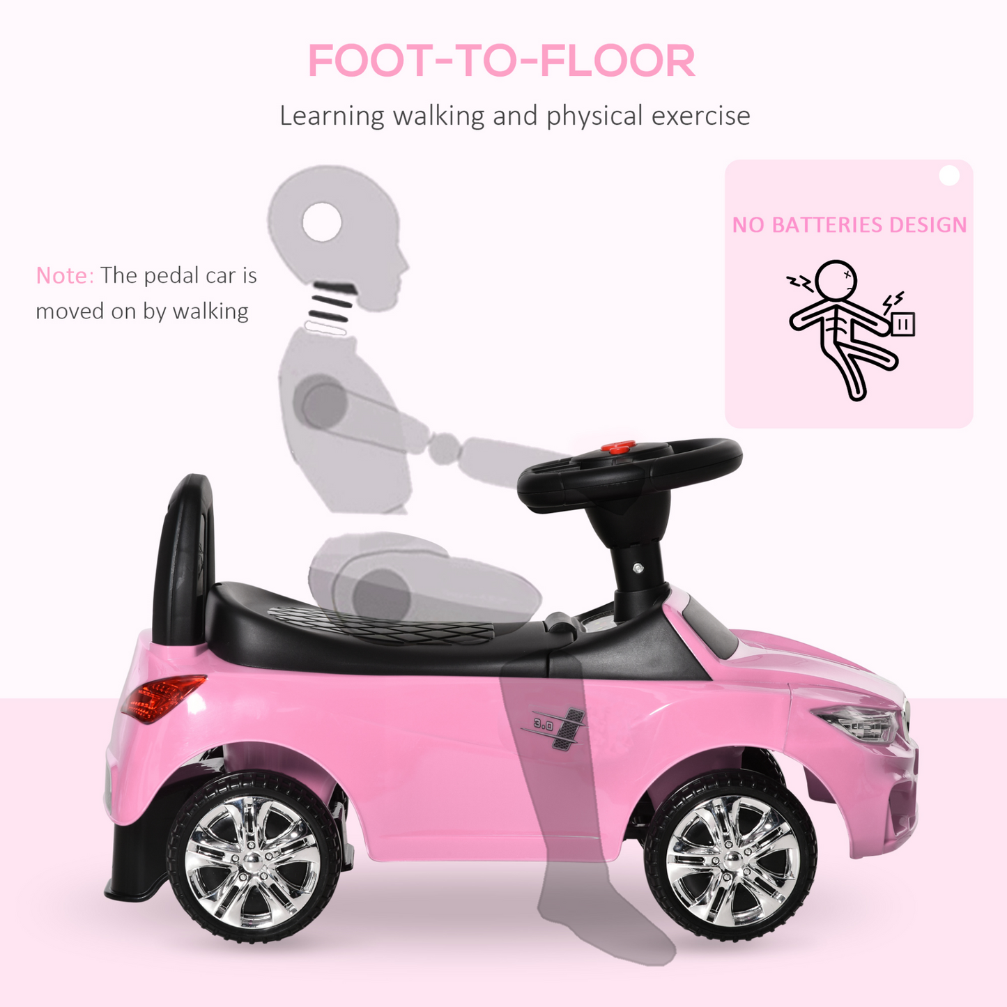 Ride on Car Baby Toddler Walker Foot to Floor Sliding Car Slider w/ Horn Music Working Lights Storage for 1.5 - 3 Years Old Pink