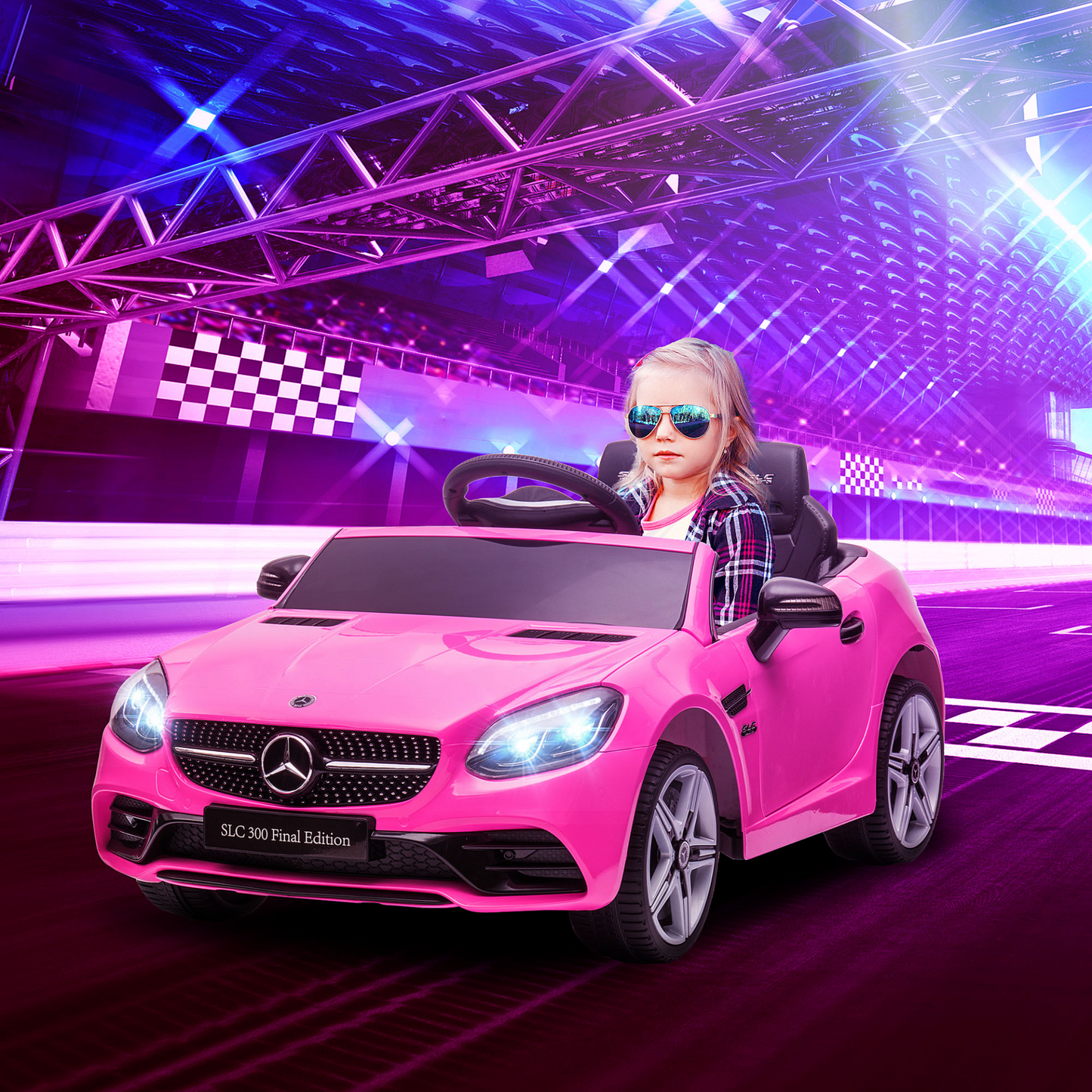 Mercedes Benz SLC 300 Licensed 12V Kids Electric Ride On Car with Parental Remote Two Motors Music Lights Suspension Wheels for 3-6 Years Pink