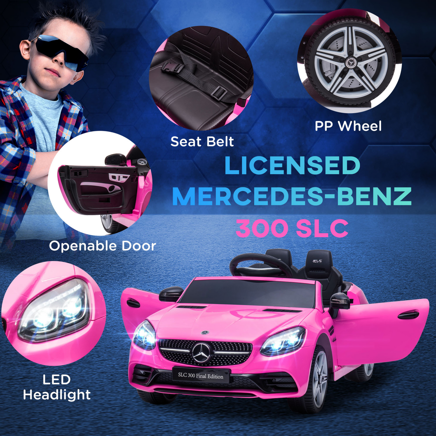 Mercedes Benz SLC 300 Licensed 12V Kids Electric Ride On Car with Parental Remote Two Motors Music Lights Suspension Wheels for 3-6 Years Pink