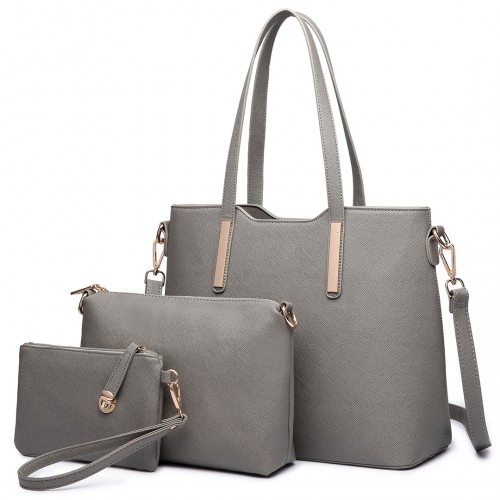 Miss Lulu Three Piece Tote Shoulder Bag And Clutch - Grey