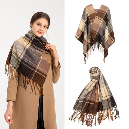 Women Fashion Long Shawl Grid Tassel Winter Warm Lattice Large Scarf - Brown