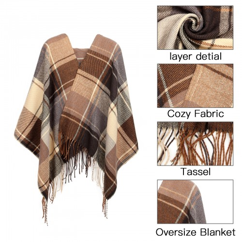 Women Fashion Long Shawl Grid Tassel Winter Warm Lattice Large Scarf - Brown